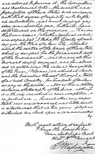 Brief von George Washington an den Earl of Buchan über die Prinzipien der zukünftigen amerikanischen Außenpolitik, einschließlich Frieden, universeller Freundschaft und Vermeidung der Einmischung in europäische Politik, sowie die Pläne für die neue Hauptst von Unbekannt