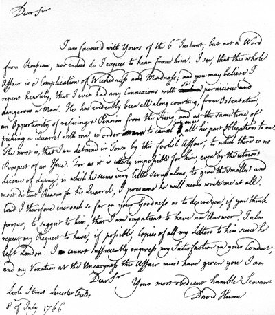 Brief von David Hume an Richard Davenport über die großen Schwierigkeiten seiner Beziehung zu Jean-Jacques Rousseau, Rousseaus Weigerung, eine Pension anzunehmen, und seine Streitigkeiten mit Hume, 8. Juli von Unbekannt