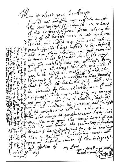 Brief von Oliver Cromwell an Lord Fairfax, um ihm zu seinem Wohlstand zu gratulieren und die Eroberung von Wexford, Irland, anzukündigen von Unbekannt