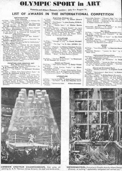 Liste der Preisträger für Architektur, Kunst, Skulptur, Literatur, Drama und Musik bei den Olympischen Spielen 1948 in London (Lithografie) von Unbekannt