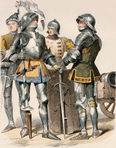 Edle Ritter des Herzogtums Burgund (Frankreich), in Rüstung und Waffe, mit einer Kanone von Unbekannter Künstler