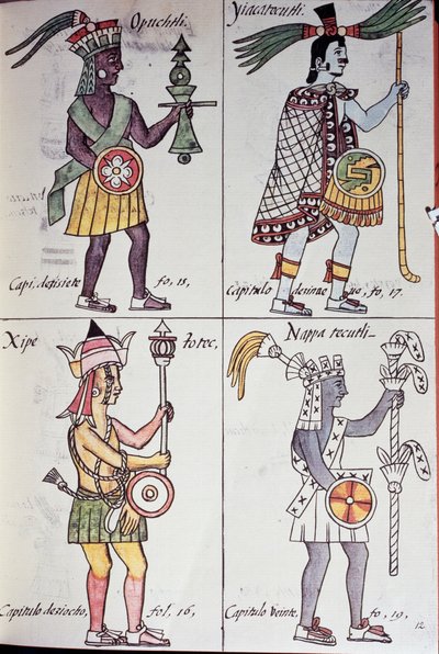 Opochtli, Xipe Totec, Yacatecuhtli und Nappatecutli, Seite aus dem Florentiner Kodex, Version in Spanisch und Nahuatl, Allgemeine Geschichte der Dinge von Neuspanien (Historia general de las cosas de Nueva España), Azteken von Benjamin Baud