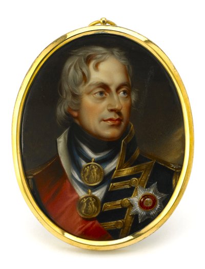 Miniaturgemälde, das Vizeadmiral Horatio Nelson (1758-1805) darstellt. Montiert auf einem Kupfer- und Emaille-Anhänger, frühes 19. Jahrhundert, Porträt von Henry Pierce Bone (1779-1855) von Unbekannter Künstler