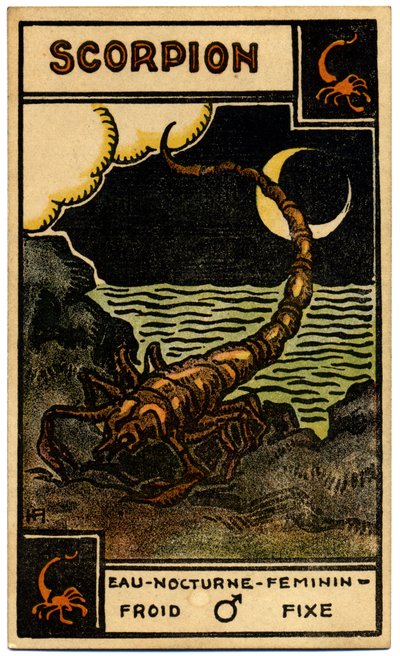 Paranormal. Astrologie. Skorpion (der Skorpion). Astrologische Karte aus: Le Tarot Astrologique, von Georges Muchery, Frankreich von Unbekannter Künstler
