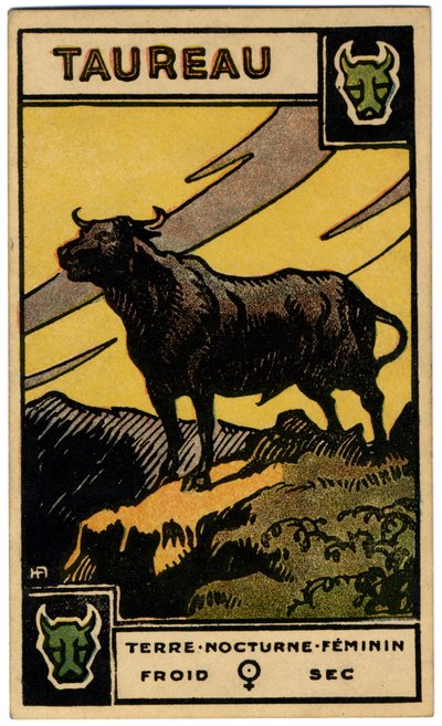 Paranormal. Astrologie. Stier (der Stier). Astrologische Karte aus: Le Tarot Astrologique, von Georges Muchery, Frankreich von Unbekannter Künstler