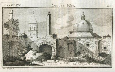 Perspektivstudien. Um zu zeigen, wie weit die Gebäude auf einer Linie entfernt sind, schlug der florentinische Maler vor, sie in einer Intensität von Blau zu malen, wie die Luft, die immer größer wird, je weiter sie entfernt sind. Gravur aus „Trattato dell von Unbekannt