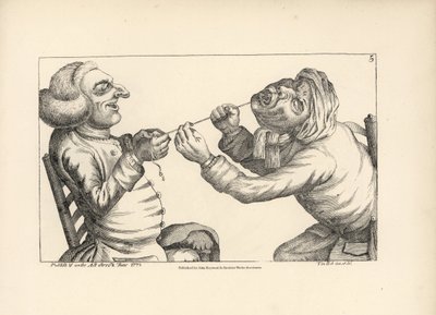 Arzt lacht, während er einem Patienten mit einer Schnur einen Zahn zieht. Kupferstich nach einer satirischen Illustration von Timothy Bobbin (John Collier) aus Human Passions Delineated, John Haywood, Manchester. von Unbekannter Künstler