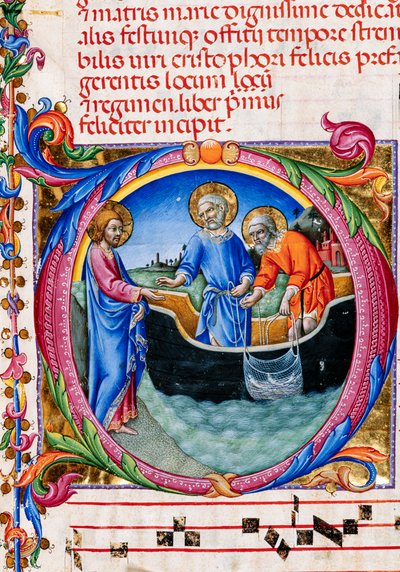 Piccolomini-Bibliothek: Chorbuch, cod. 27.11, ff. 1r mit Berufung des St. Peter und St. Andrew (Detail) von Unbekannter Künstler