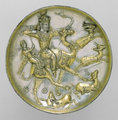 Teller mit Jagdszene aus der Geschichte von Bahram Gur und Azadeh, ca. 5. Jahrhundert von Unbekannt