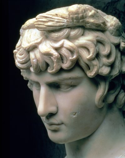 Porträtkopf des Antinous mit dem Kranz des Dionysos, Teil einer Statue aus der Villa des Kaisers Hadrian in Tivoli, römisch, 2. Jahrhundert von Unbekannt