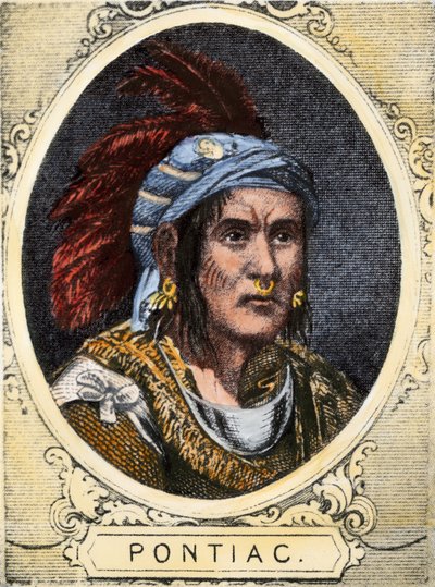 Porträt von Pontiac (oder Obwandiyag, ca. 1714-1769), Häuptling des Indianerstammes der Outaouais-Indianer von Detroit (Ottawa-Nation). Farbige Gravur des 19. Jahrhunderts. von Unbekannter Künstler