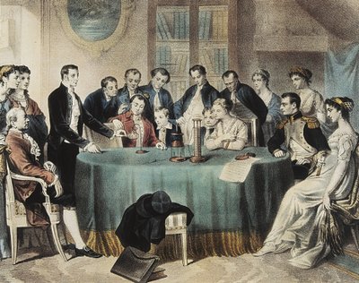 Vorstellung der Experimente zur elektrischen Batterie 1801 vor dem Ersten Konsul Napoleon Bonaparte durch Volta (Gravur) von Unbekannter Künstler