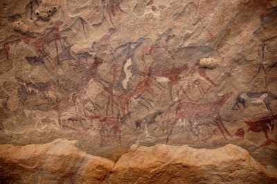 Felskunst, Vorgeschichte: Felsmalerei einer Gruppe von Rindern und polychromen Figuren in einem verzierten Schutzraum im Uweinat-Massiv, Sudan. Zeitraum von 8000 bis 3000 v. Chr. Fotografie von Unbekannt