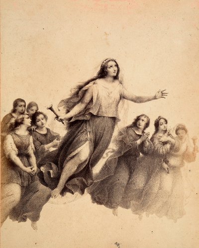 Die heilige Lucia, mit Fackel in der Hand, fliegt durch das Firmament des Empyreums, umgeben von Jugendlichen. Illustration des Canto XXXII in Paradiso aus der Göttlichen Komödie von Dante Alighieri. Werk von Francesco Scaramuzza, gewidmet der Gemeinde Flo von Unbekannter Künstler