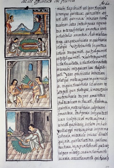 Satz von Verzierungen und Federkopfschmuck der Kaiser, Seite aus dem Florentiner Kodex, zweisprachige Version in Spanisch und Nahuatl, Allgemeine Geschichte der Dinge von Neuspanien, von Fray Bernardino de Sahagun von William M. Timlin