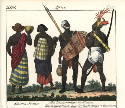 Shoua-Frauen mit einem Baby, einem Speer und einem Bogenschützen aus dem Kanem-Reich (Tschad und Libyen). Lithographie aus dem Buch: „Galerie complète en tableaux fidèles des peuples d
