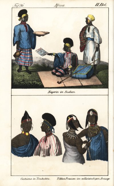 Sudanesische Frauen im gestreiften Kleid. Unten, Demmes von Timbuktu (Mali) und Tibbo-Frauen der Sahara. Lithographie aus dem Buch: „Galerie complète en tableaux fidèles des peuples d