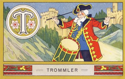 T: Trommler - Alphabet Palmin. Serie von Chromolithographien herausgegeben von H. Schlinck & Cie, Hamburg. Werbung für Palmin feinstes Kokosfett. von William M. Timlin