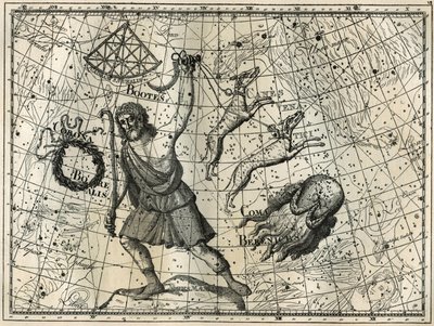 Der Bogen, die Boreale Krone, die Jagdhunde, Berenikes Haar. Gravur aus Camille Flammarions „Les étoiles et les autres curiosités du ciel“ von Unbekannt