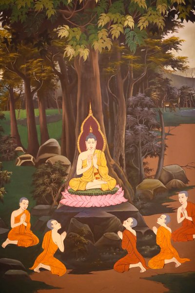 Der Buddha predigte seine erste Predigt an die fünf Mönche, Wandfresko, Wat Botum Tempel, Phnom Penh, 2022 (Foto) von Unbekannter Künstler