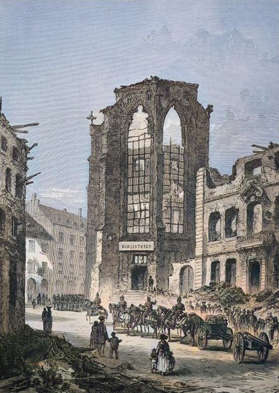 Das zerstörte Gebäude der Bibliothek in Straßburg von Unbekannter Künstler