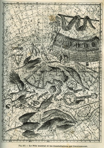 Der Südpol und die umliegenden Sternbilder: Unter den vielen Sternbildern des Südpols sind der Indianer, der Phönix, die Brasse, der Oktant, die Uhr, der Kompass und das Schiff. Gravur aus Camille Flammarions „Les étoiles et les autres curiosités du ciel“ von Unbekannter Künstler