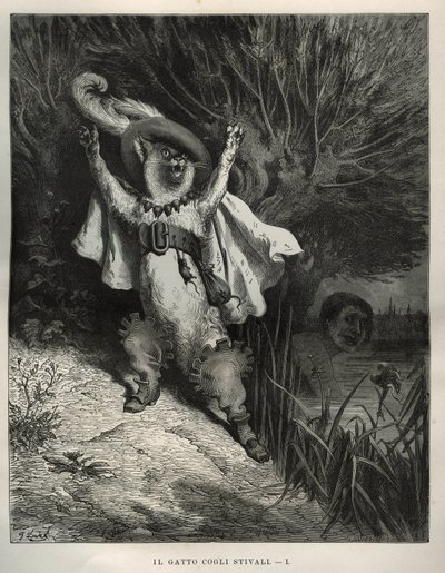 Der gestiefelte Kater ruft um Hilfe. Gravur von Gustave Doré (1832-1883) aus „Les contes“ von Charles Perrault (1628-1703) von Unbekannt