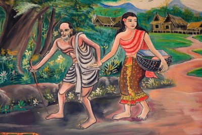 Der Tag davor. Begegnung mit dem Dorfbewohner. Der Weg der Erleuchtung. Leben des Buddha. Deckenmalerei darstellend das Leben des Buddha. Wat Inpeng, Vientiane, Laos von Unbekannt