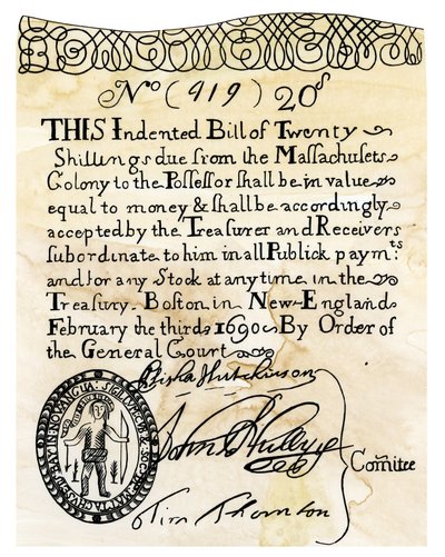 Die erste amerikanische Banknote im Wert von 20 Schilling, ausgegeben vom General Court der Boston Colony (Massachusetts, USA) im Jahr 1690. Kupferstich, 19. Jahrhundert von Unbekannter Künstler