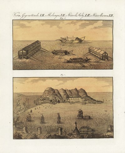 Die schwimmenden Batterien der britischen Armee in Gibraltar im Jahr 1782. Eine 210-Kanonen-Barke auf zwei Ebenen und eine weitere einstöckige Barke, entworfen vom französischen Ingenieur Arcon, um die Stadt zu bombardieren. Die schwimmenden Batterien der  von Unbekannter Künstler