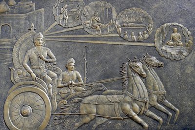 Tinh Xa Ngoc Chau buddhistischer Tempel, Das Leben des Buddha, Siddhartha Gautama, Prinz Siddhartha bat einen Wagenlenker, ihn auf eine Reihe von Fahrten durch das Land mitzunehmen, Chau Doc, Vietnam, 2018 (Foto) von Unbekannt