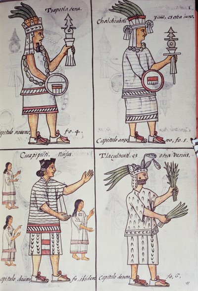 Tzapotlatena, Chalchiuhtlatonal, Cioapipitli und Tliltecuhtli, Florentiner Kodex, zweisprachige Version in Spanisch und Nahuatl, Allgemeine Geschichte der Dinge von Neuspanien von William M. Timlin