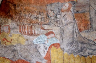 Kirche von Vault de Lugny. Wandmalerei aus dem 16. Jahrhundert. Christus in seiner Passion. Gethsemane, Jesus betet, während die Jünger ruhen. Frankreich von Unbekannt