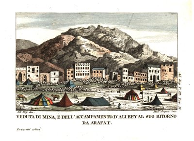 Ansicht des Dorfes Mina in der Wüste von Arafat (Zeltstadt, Mekka, Saudi-Arabien). Illustration von Ali Bey el Abbassi aus seinen Reisen in Marokko, Tripolis, Zypern, Ägypten, Arabien, Syrien und der Türkei, London 1816. Kupferstich von dell