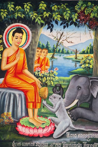 Wandmalerei in Wat Pitchey Udong: Szene aus dem Leben des Buddha, Buddha wird von einem Affen gefüttert, während er fastet, Kampot, Kambodscha von Unbekannt