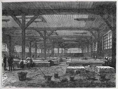 Glasfabrik: Herstellung eines Spiegels, ca. 1880 (Gravur) von Unbekannter Künstler