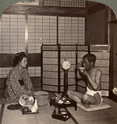 Abendessen in einem Hotel, Hiroshima, Japan, 1904 von Underwood and Underwood