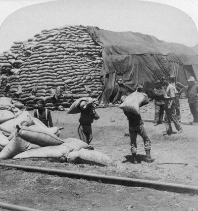 Tonnenweise Hafer für Tommys treuen Freund, De Aar, Südafrika, Burenkrieg, 1900 von Underwood and Underwood