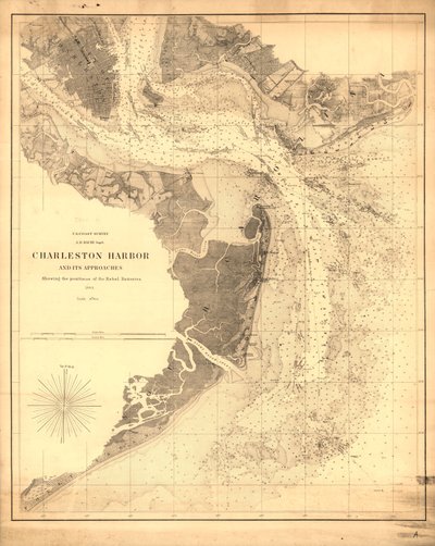 Charleston Hafen und seine Zugänge mit den Positionen der Rebellenbatterien von United States Coast Survey