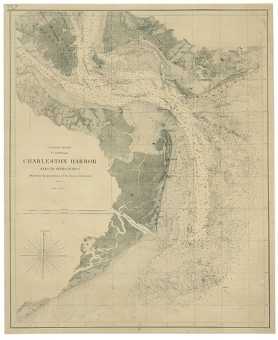 Charleston Hafen und seine Zugänge mit den Positionen der Rebellenbatterien von United States Coast Survey