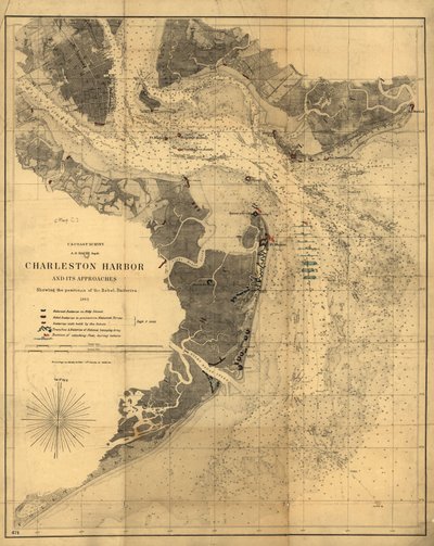 Charleston Hafen und seine Zugänge mit den Positionen der Rebellenbatterien von United States Coast Survey