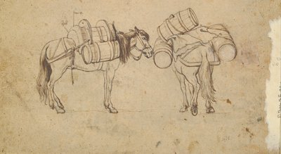 Ansicht am Tiber nahe der Ripa Grande, Rom (recto); Studie für zwei Pferde, die Fässer tragen (verso) von Unknown