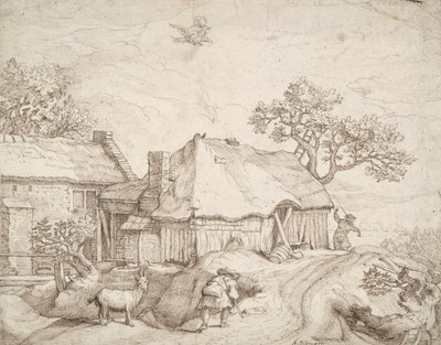 Bauernhäuser mit Bauern, einer Ziege und der Entführung des Ganymed von Unknown