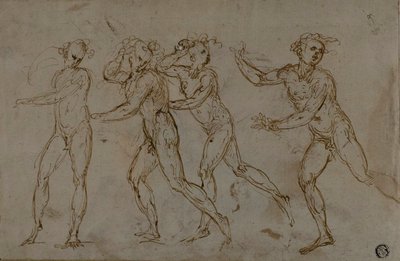 Vier laufende männliche Nackte (recto); Heilige Familie mit dem kleinen Johannes dem Täufer (verso) von Unknown