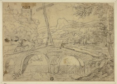 Landschaft mit Brücke (mit Kreuz) über Schlucht, mit Bergen und Schloss in der Ferne von Unknown
