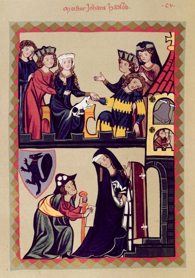 Meister Johannes Hadloub, Illustration aus einer Faksimile des Manesse Codex oder Große Heidelberger Liederhandschrift, erstellt in Zürich ca. 1305-40 von Unknown