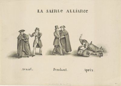 Karikatur auf die Allianz zwischen der römisch-klerikalen Partei und der liberalen Partei gegen die niederländische Regierung, 1828 von Unknown