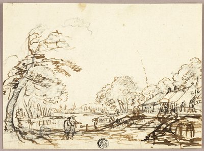 Zwei Figuren am Fluss nahe Brücken und Häusern (recto); Zwei Figuren auf Brücke schauen auf Mann im Kahn (verso) von Unknown