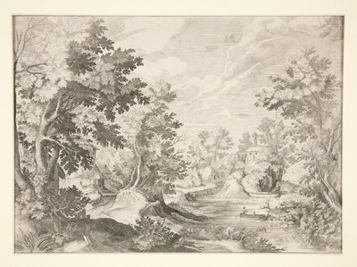 Ohne Titel (Landschaft mit Figuren in einem Boot im Vordergrund) von Unknown