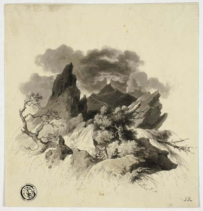 Gewittersturm in den Bergen mit ausbrechendem Vulkan in der Ferne von Unknown